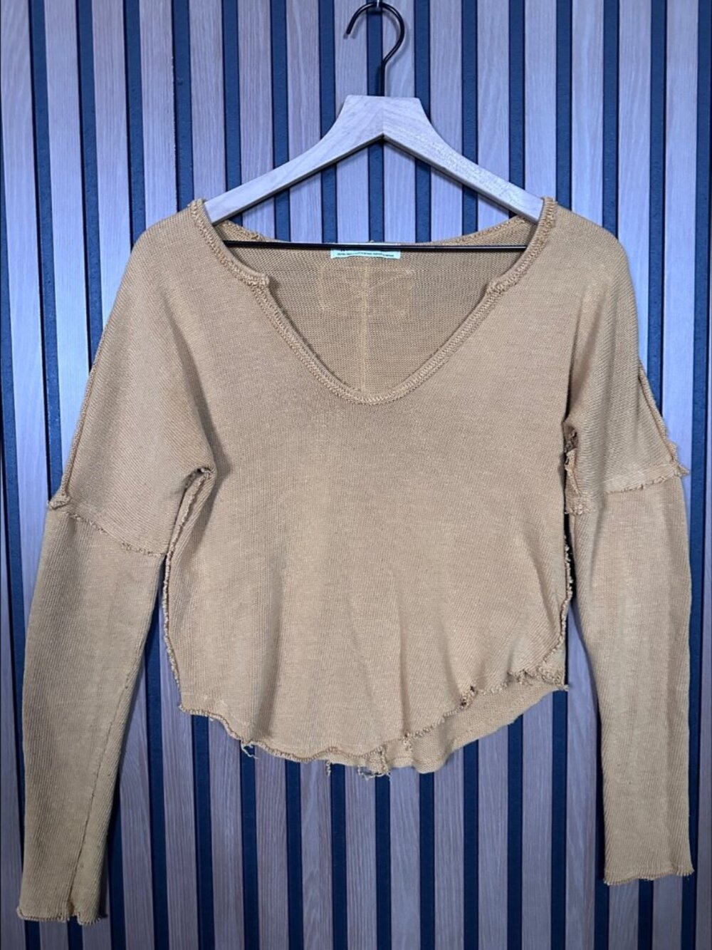 Free People Shirt XS Orange Yellow Thermal Knit Long Sleeve Waffle Frayed Top